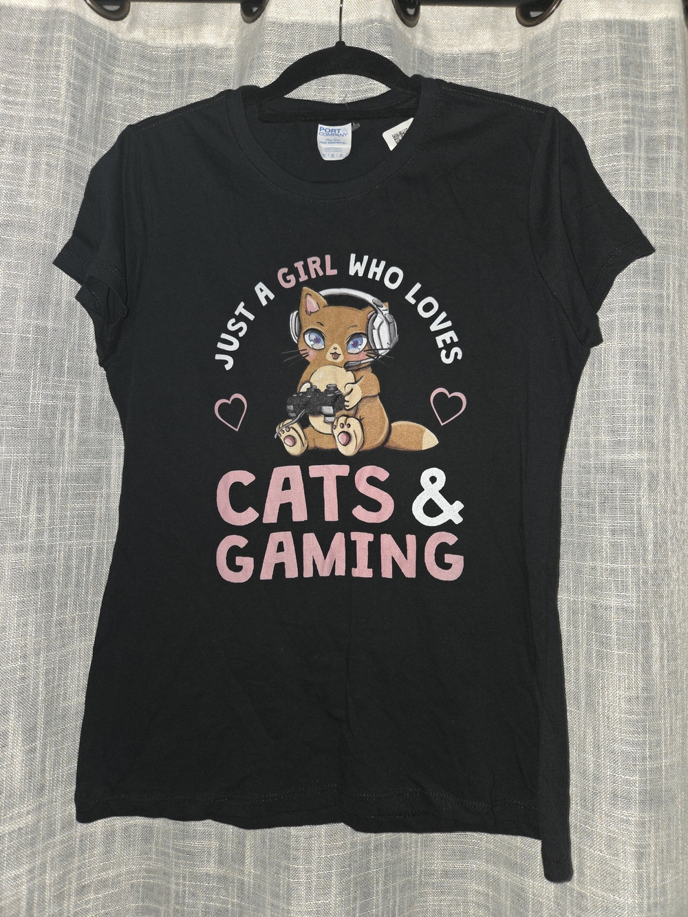 Just a Girl Who Loves Cats & Gaming T‑Shirt - Black with Pink Graphics medium